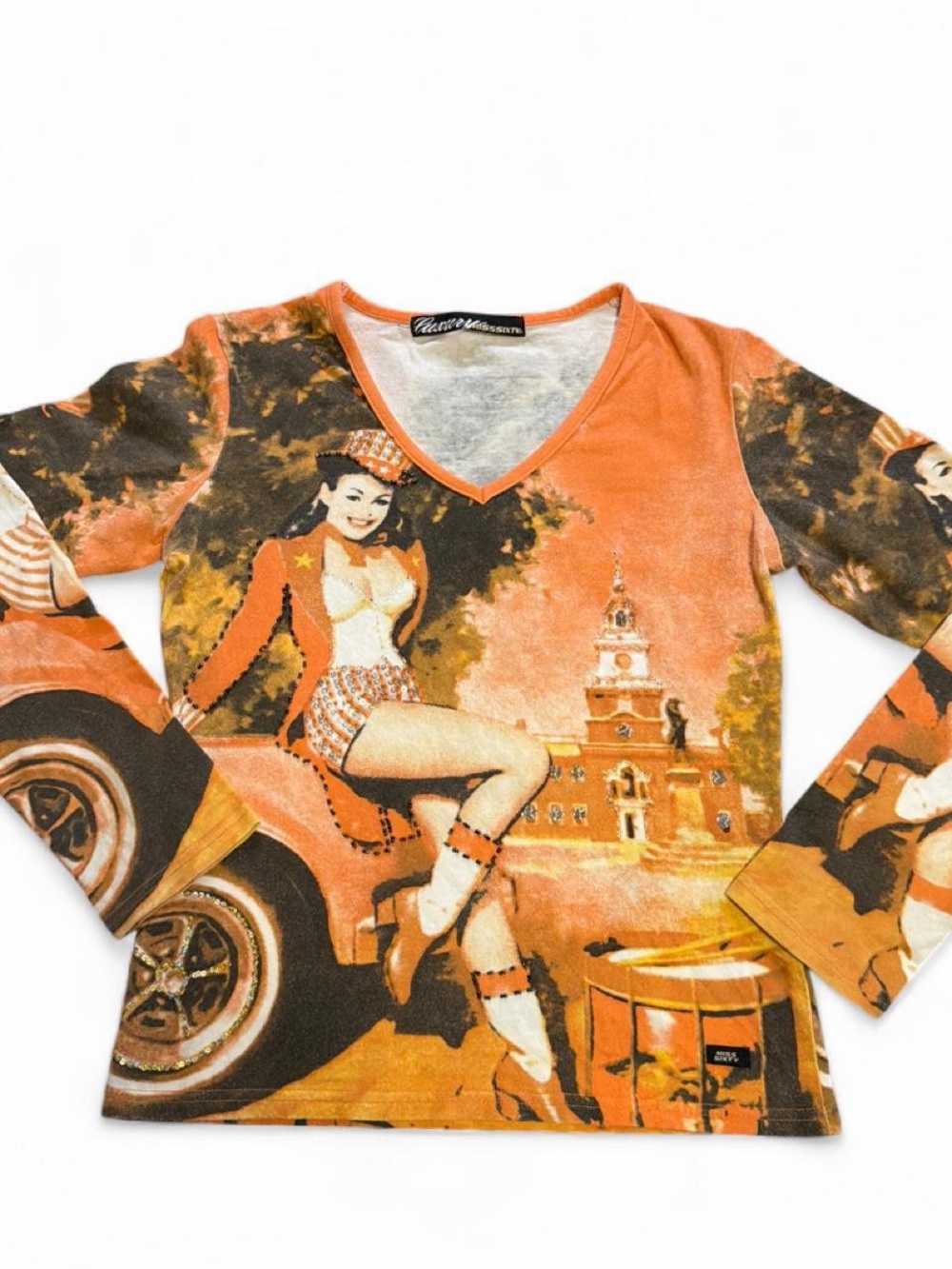 Miss Sixty Y2 k Vintage-Inspired Orange Graphic V-Neck Top no size